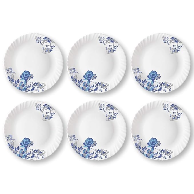 Larah by Borosil Opalware Blue Cascade Full Plate | White | 11 Inch | Set of 6