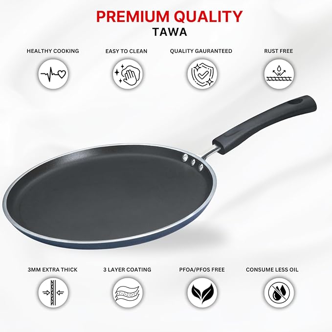 Vinod Zest Aluminium Non Stick Dosa Omni Tawa - 28cm | 3mm Extra Thick | 3 Layer Ceramic Coat | Bakelite Handle