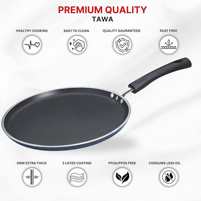 Vinod Zest Aluminium Non Stick Dosa Omni Tawa - 30cm | 3mm Extra Thick | 3 Layer Ceramic Coat | Bakelite Handle