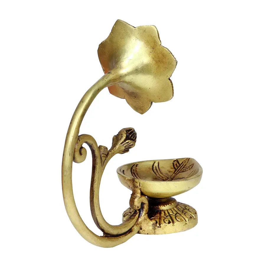 Anciently Antique Brass Flower Diya | Antique Brass Deepam | Antique Diya Brass 14.5cm Height, Gold Colour