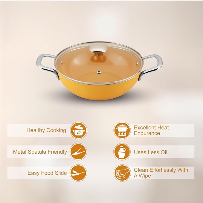 Salford Forged Ceramic Non-stick Kadai With Glass Lid & Tubular Ss Handle | Mustard Yellow | 240mm | 2.5 Litre