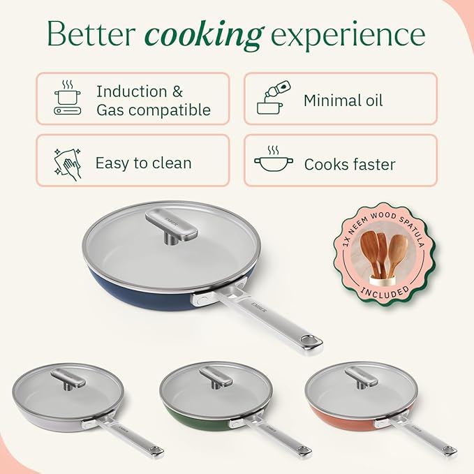 Ember Cookware Arcilla Ceramic Non-stick Egg Pan 20cm | Glass Lid | Stainless Steel Handle | Blue