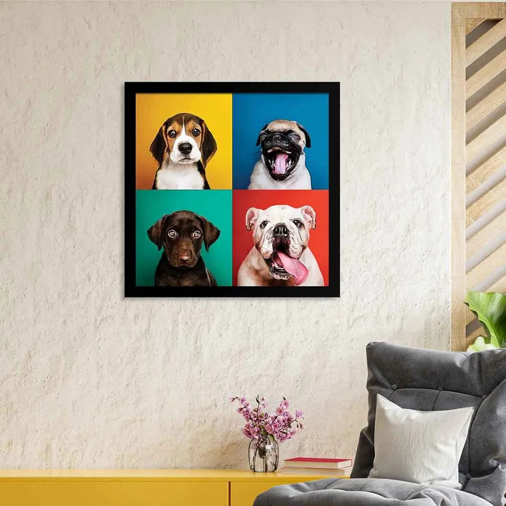ArtX Four Dog Popart Big Canvas Painting For Bedroom and Living Room With Frame
