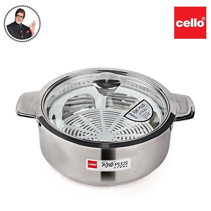 Cello Roti Plus Big Solid Stainless Steel Double Walled Casserole for Roti | 2500ml | Silver | Hot Box