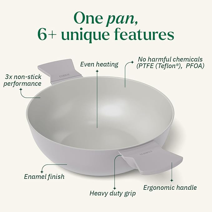 Ember Cookware Arcilla Ceramic Non Stick Kadai 24cm | Glass Lid | Matching Handles | Florencen Series | Grey