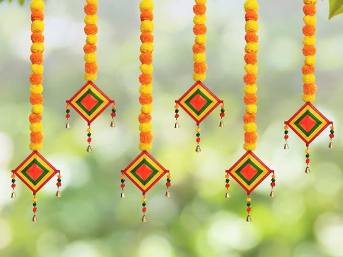 Handmade Artificial Marigold Fluffy Flowers Colorful Woolen Kite Bells Hangings 39 Inches Pack of 6