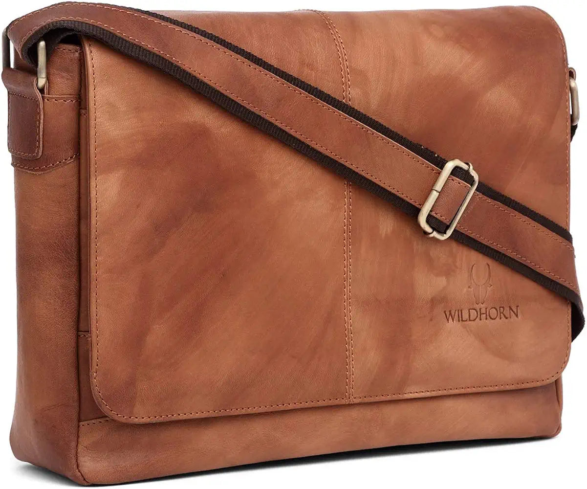 WildHorn Leather 13 inch Laptop Messenger Bag for Men I Padded Laptop Compartment I Adjustable Strap I Dimension: L- 14inch H- 10.5 inch W- 3.5inch