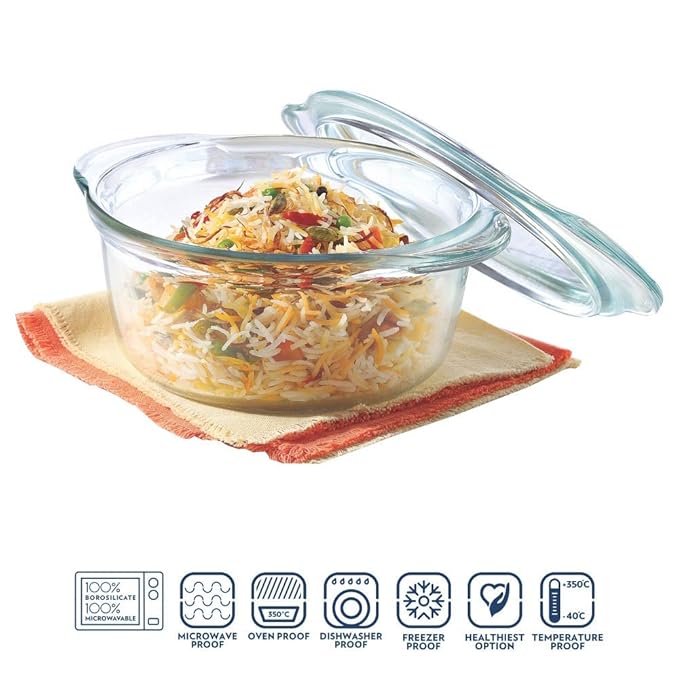 Borosil Glass Casserole Deep Round Oven and Microwave Safe Serving Bowl With Glass Lid | 2.5 Litres | 1 Piece Deep Round Casserole | Transparent