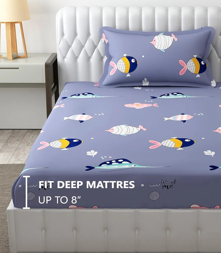 Fresh From Loom Glace Cotton 300 tc Wrinkle Elastic Fitted Cartoon Printed Bedsheets for Kids with 1 Pillow Fish Blue Smallsingle