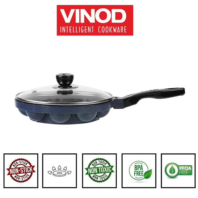 Vinod Zest Aluminium Non Stick Paniyarakal With Glass Lid - 12 Cavities, 20.5Cm | 3Mm Thick | 3 Layer Coating