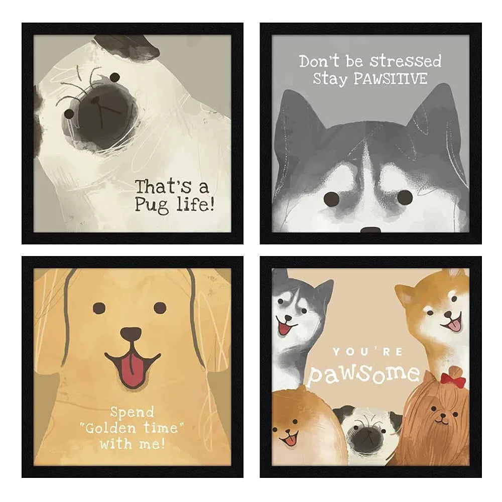 ArtX Paper Cute Animals AXJ00129-DOG Wall Art Painting Framed Paintings Set of 4