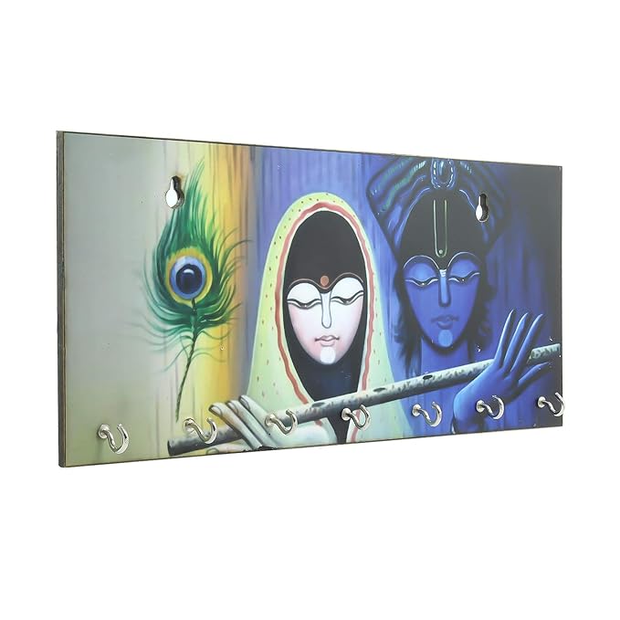 Ecraftindia Radhe Krishna Theme Wooden Key Holder With 7 Hooks