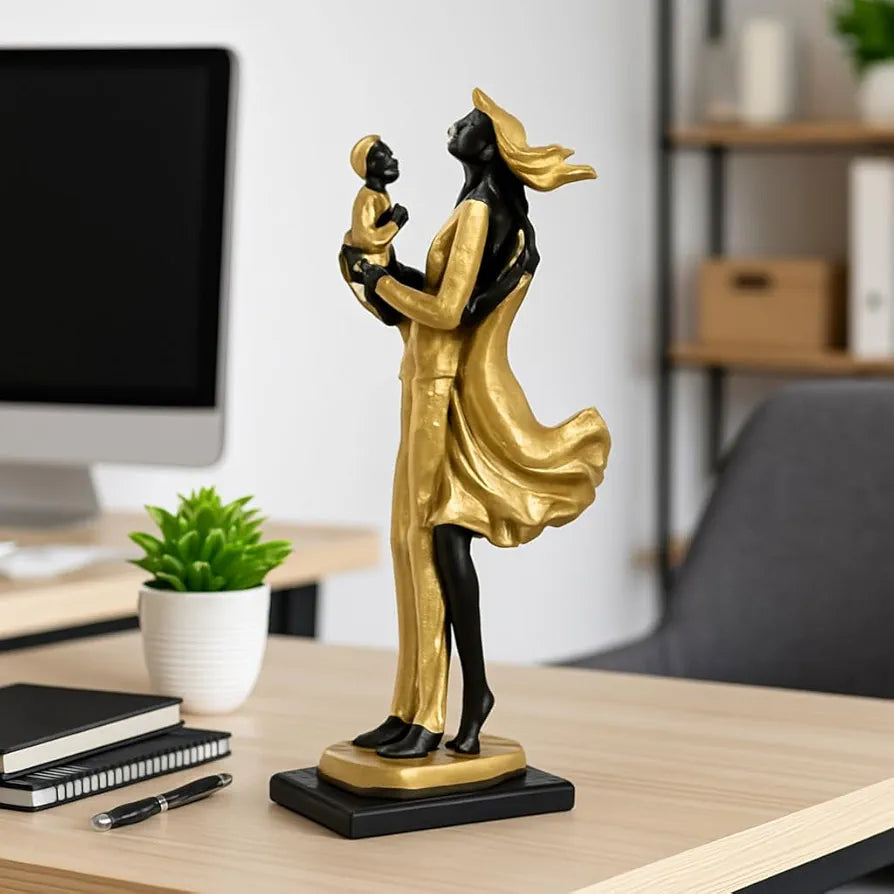 Xtore Lavish Golden Black Resin Couple Statue with Child for Home Decor