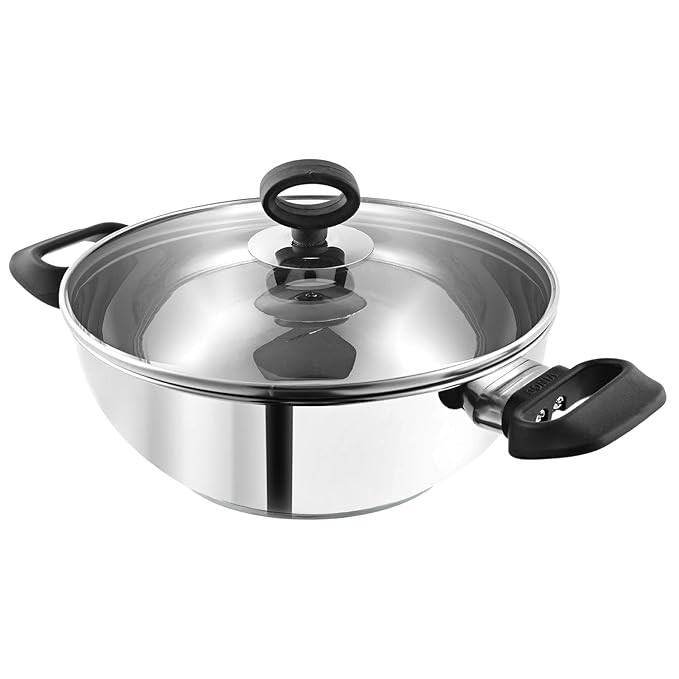 Vinod Stainless Steel Deluxe Kadhai with Glass Lid - 2.8 litre, 24cm | Extra Thick, SAS Bottom | Soft Handle | Kadai for Cooking