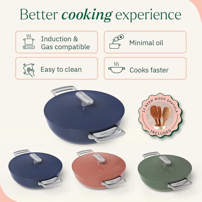 Ember Cookware Arcilla Ceramic Non Stick Kadai 24cm | Metallic Lid | Stainless Steel Handles | Capri Series | Blue