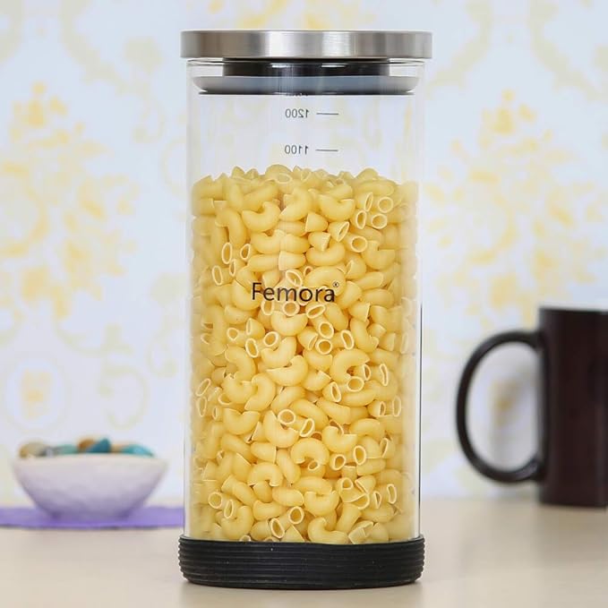 Femora Kitchen Storage Jars Borosilicate Glass With Silicon Bottom Air Tight Jar | 500 Ml | 900 Ml | 1300 Ml | Pack of 3