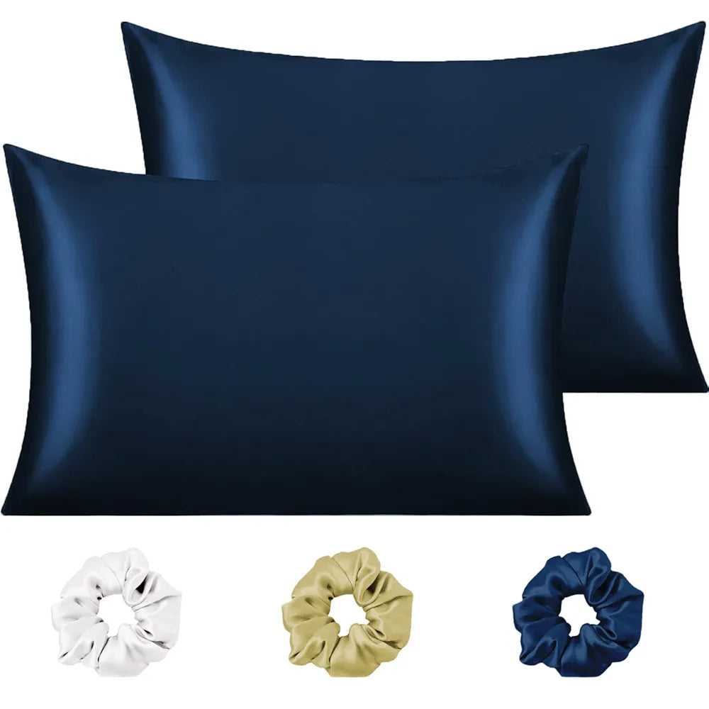 Cloth Fusion Satin Pillow Cover Set of 2 Pillow case with 3 Satin Soft Scrunchies Navy Colour