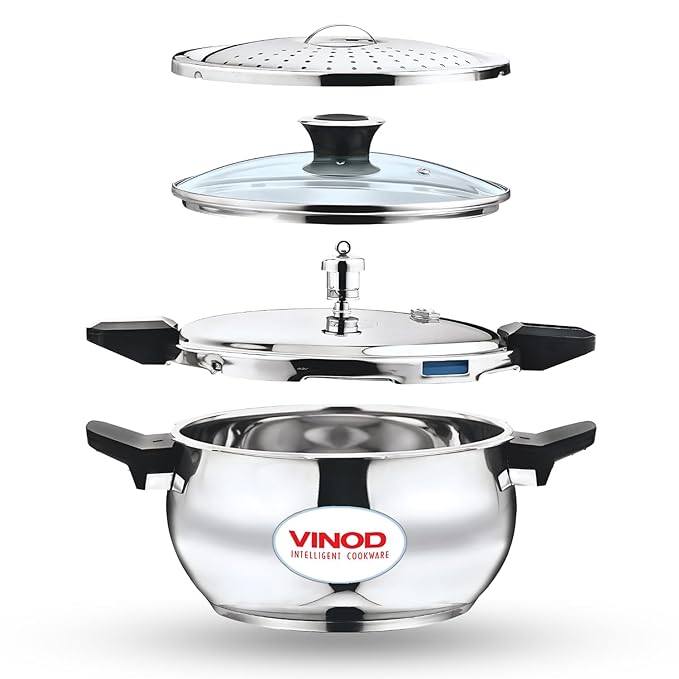 Vinod Magic Stainless Steel Smart 3 in 1 Pressure Cooker 3.5 Litre | 5mm Thick Base | All in One Cooker with Strainer & Glass Lid