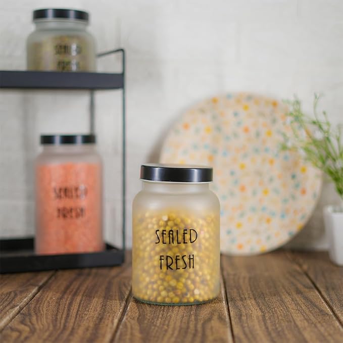 Femora Kitchen Storage Jars Frosted Glass Jar With Steel Lid Air Tight Jar | 1500 Ml | Pack of 2 | Black Lid