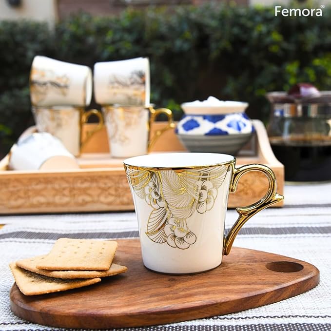 Femora Gold Wild Shroom Tea Mugs, Ceramic Tea Cups, Coffee Mugs | 160 Ml | 6 Pcs Set | Not Microwave Safe