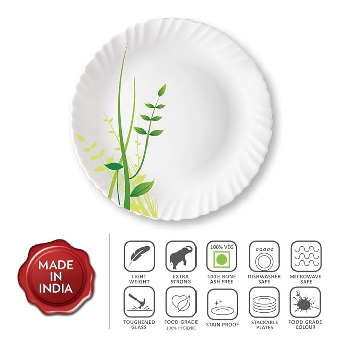 Larah by Borosil Green Herbs, Opalware Full Plate | 11 Inch |white | Set of 6