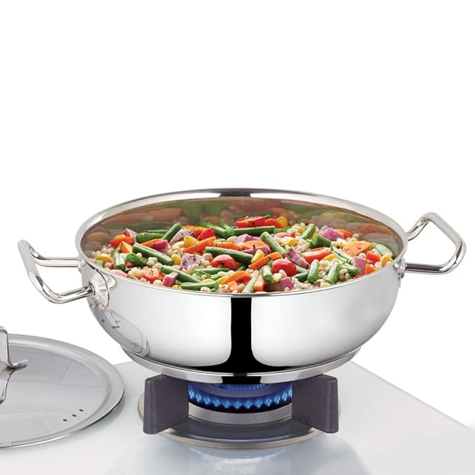 Borosil Stainless Steel Kadhai With Lid | Induction Friendly | Impact Bonded Tri-ply Bottom | 1.8 Litres | 20 Cm