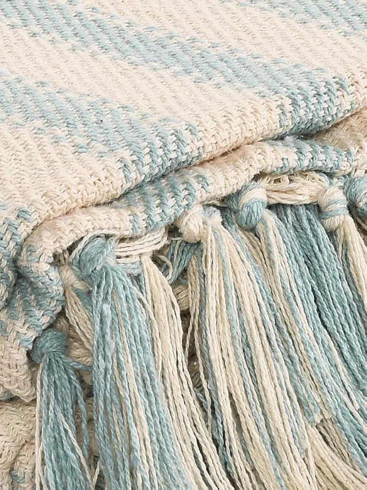 Sashaa World Striped Sofa Throw Medium with Tasselled Edges Colour Ice Blue