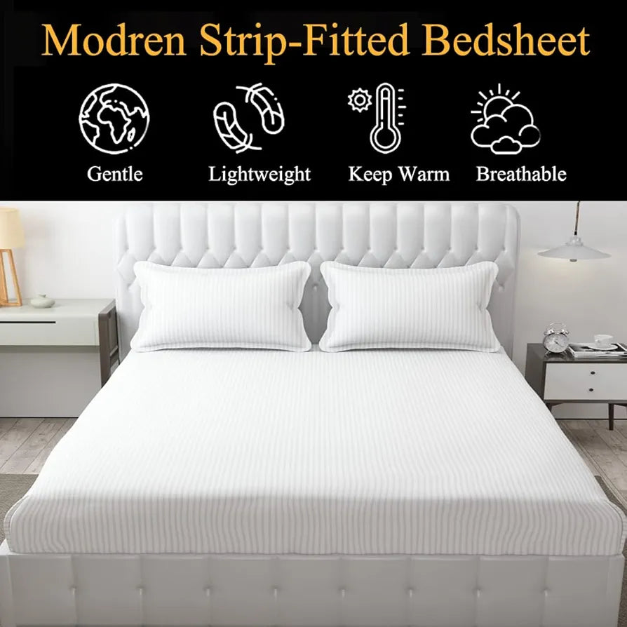 Fresh From Loom 240 TC Satin Striped Soft Bed Covers King Size Bed with Two Pillow Cover Elastic Bedsheet White