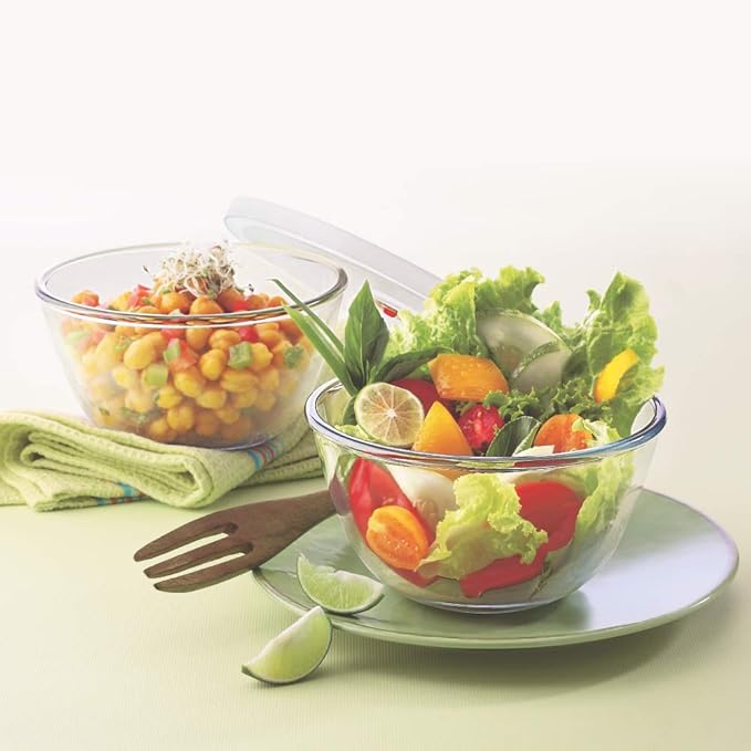 Borosil Glass Mixing & Serving Bowls With Lids | Oven & Microwave Safe Bowl | Set of 2 | 900 ml Each