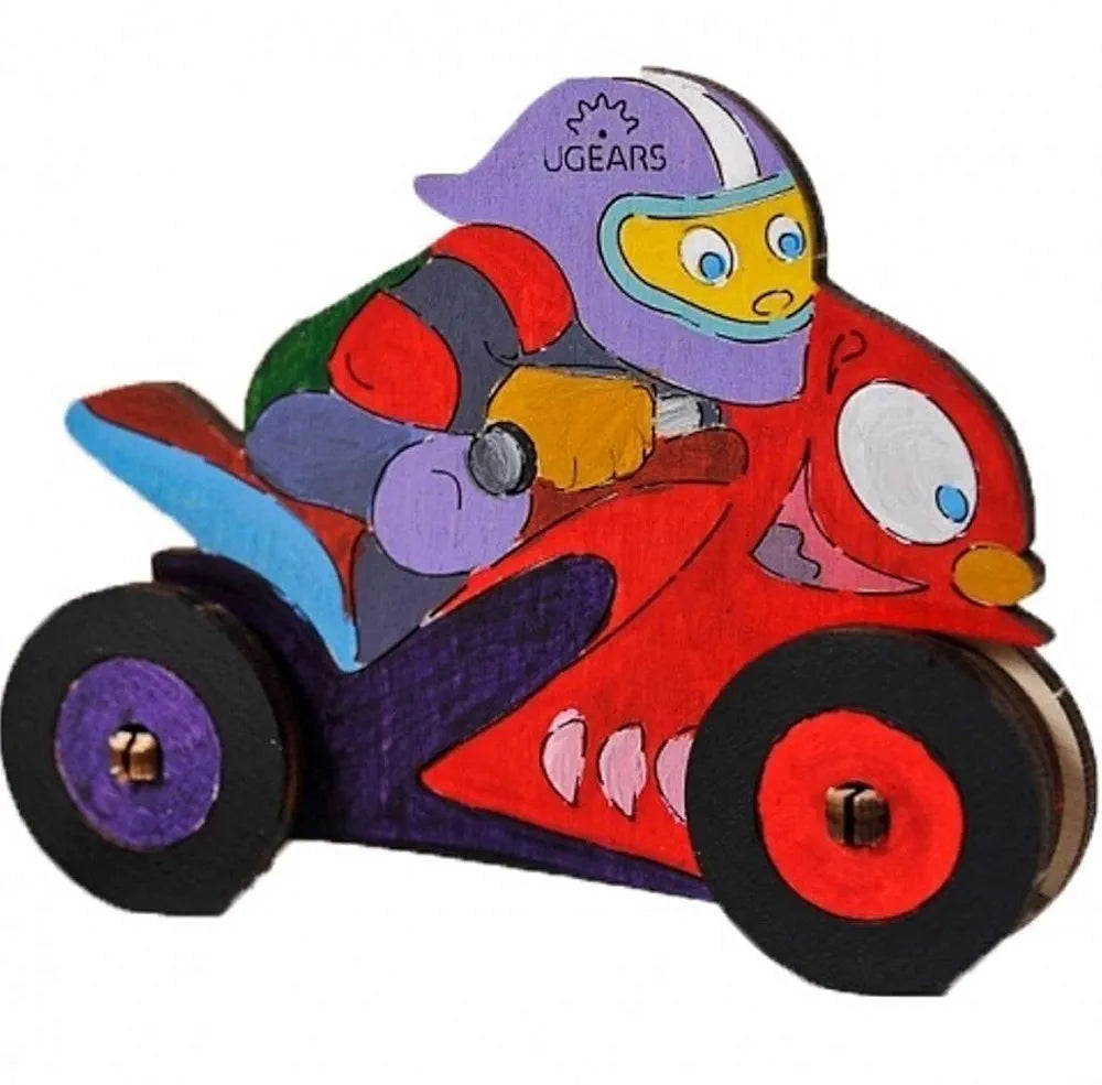 Ugears Motorcyclist - 3D Wooden Jigsaw Puzzle Games - Kids Coloring kit - STEAM Learning Brain Games Toys Bike Puzzles for Kids - Building Sets for Kids - DIY Kits for Kids & Birthday Gift for Kids