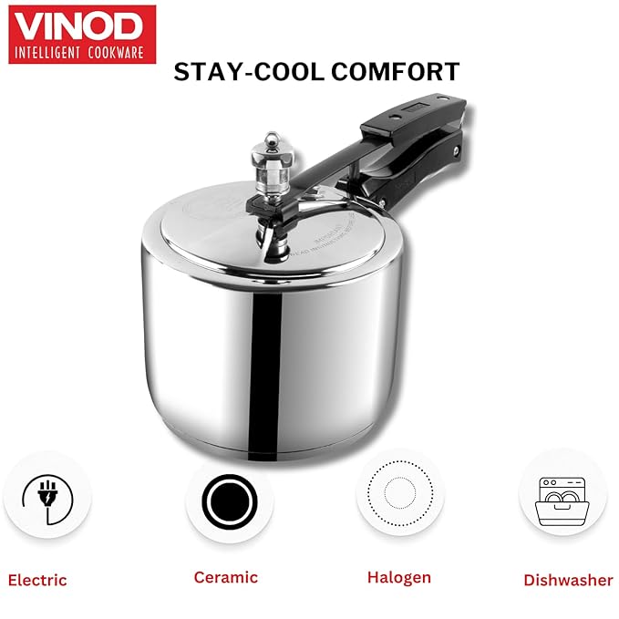 Vinod Stainless Steel Inner Lid Pressure Cooker - 2 Litres | Sandwich Bottom Cooker | Induction and Gas Base