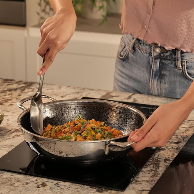 Arttdinox Stellar Triply Stainless Steel Kadhai With Lid | Non Stick Kadai | 24cm | 2.7ltrs | Silver