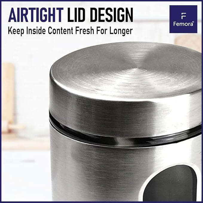 Femora Kitchen Storage Jars Steel Body With See Through Window Jar | 1000 Ml | Pack of 6