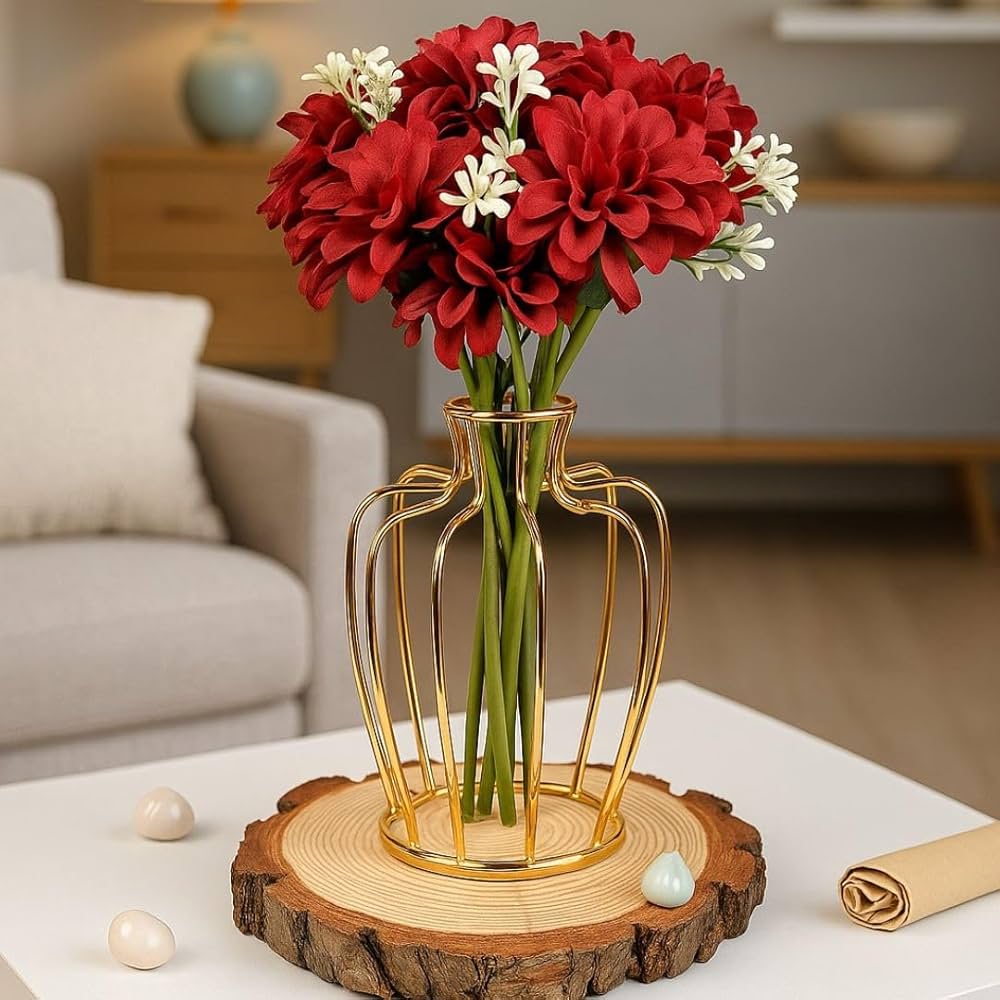 Artificial Dahlia Flower Bunch – 7-Stem Faux Bouquet Realistic Fabric Flower Arrangement Red