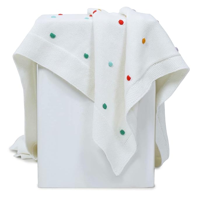 Haus & kinder Cotton Knitted Blanket for New Born Baby 0 to 2 Years | Polka Blanket (White)