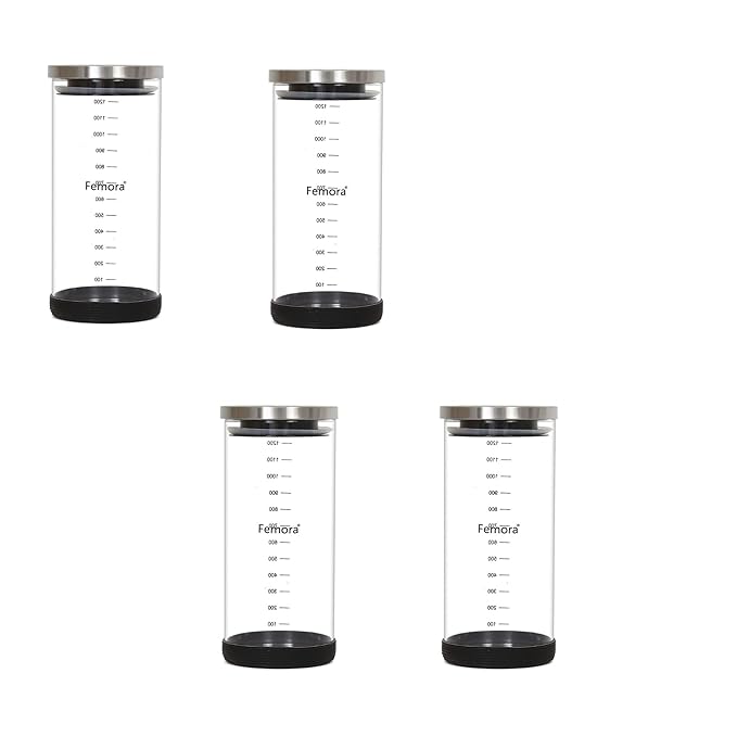 Femora Storage Jars Borosilicate Glass With Silicon Bottom Air Tight Jar With Steel Lid | 900 Ml | Pack of 4
