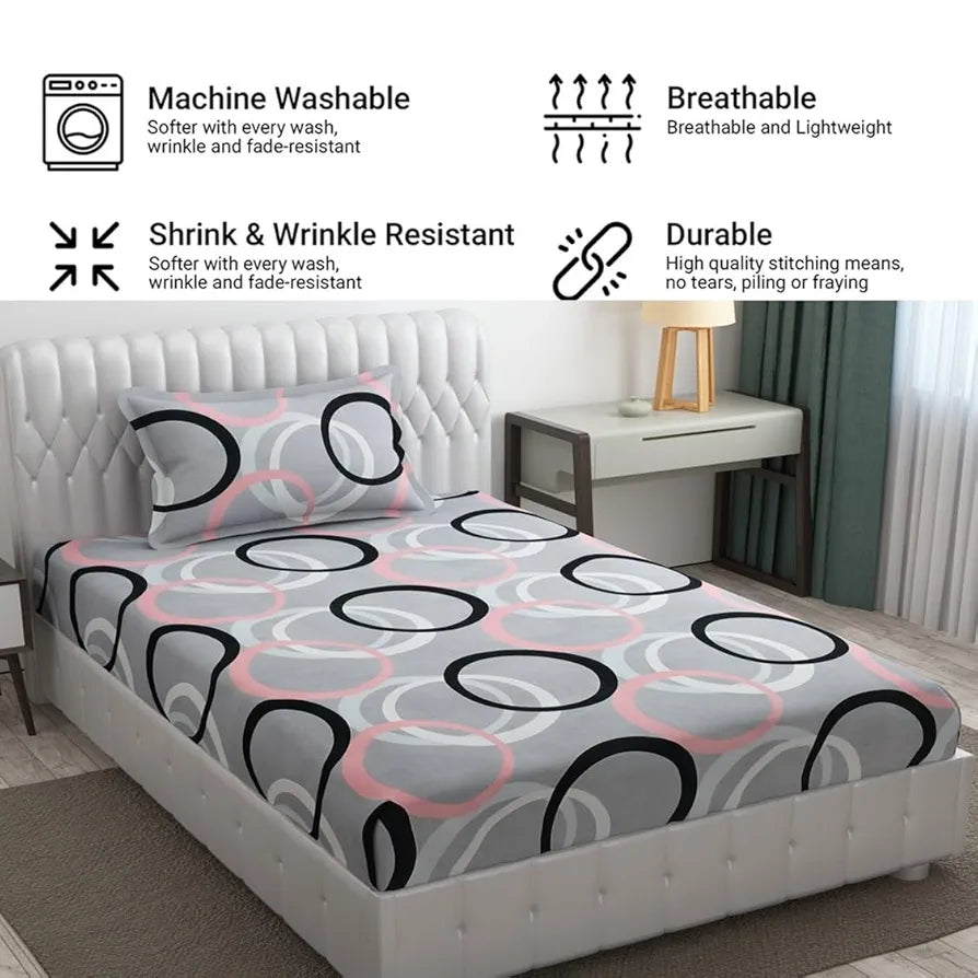 Fresh From Loom Wrinkle Free Hypo Allergenic Single Bedsheet for Single Bed Spread with 1 Pillow Covers 144 TC Circle Grey