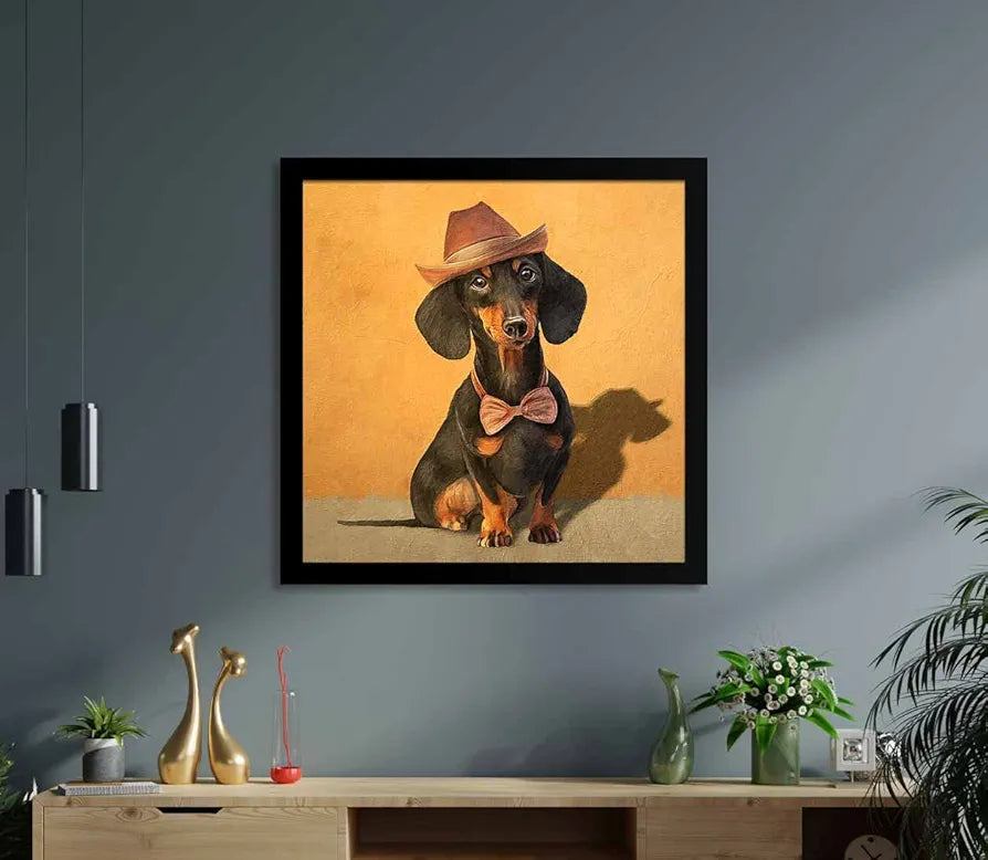 ArtX Black Dog Oil Paint Big Canvas Painting For Bedroom and Living Room With Frame