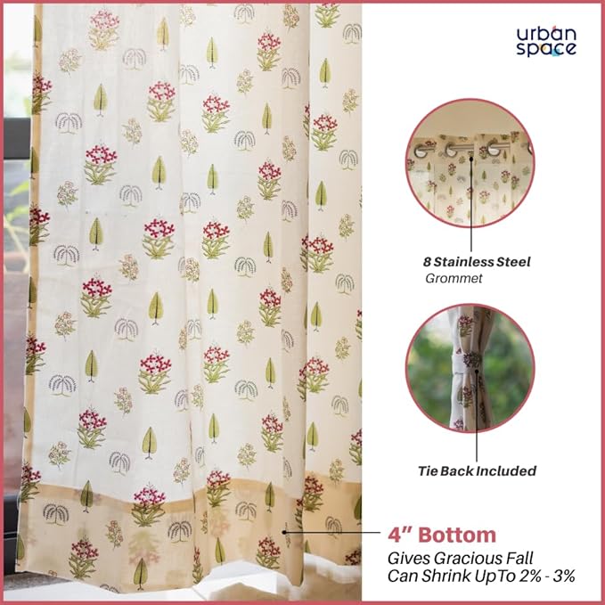 Urban Space Cotton Floral Curtains for Door Set of 2 with Eyelets and Tieback(Colour Calico Red)