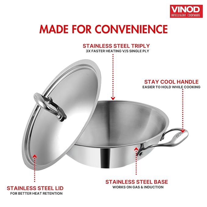 Vinod Platinum Triply Stainless Steel Kadai with lid 3.7 Litre (28 cm) | 2.5mm Thick | 3 Layer Stainless Steel Cookware
