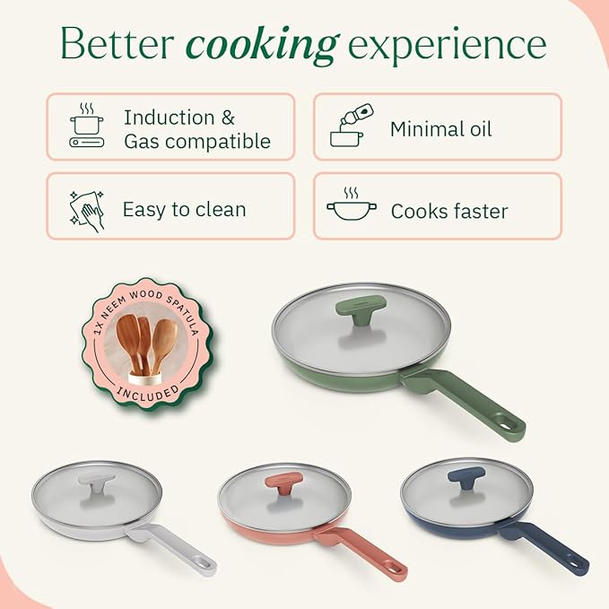 Ember Cookware Arcilla Ceramic Non-stick Egg Pan 20cm | Glass Lid | Matching Handle | Florence Series | Green