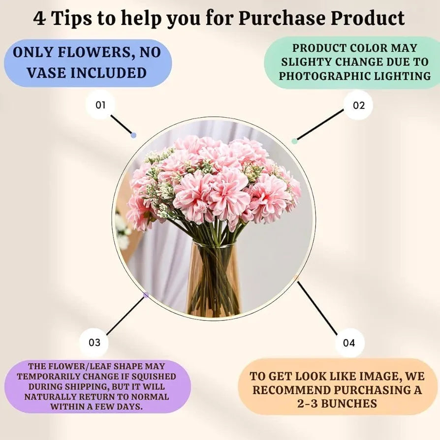 Artificial Dahlia Flower Bunch – 7-Stem Faux Bouquet Realistic Fabric Flower Arrangement Pink