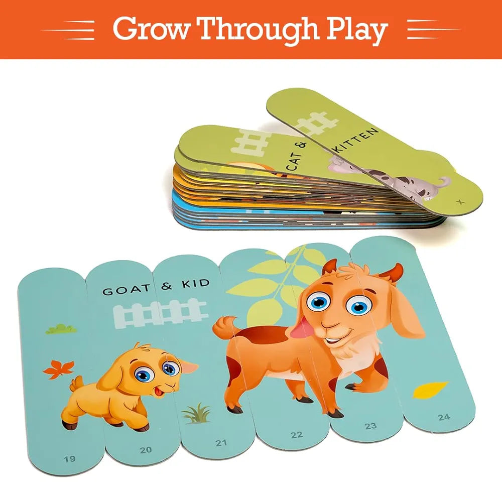 THE BOOK TREE Animals & Their Babies Stick Puzzle | 24pcs Double-Sided Cardboard Puzzles | 8 Animal & Their Puzzles for Learning & Play | Enhances Focus & Creativity | Ideal for Ages 3+
