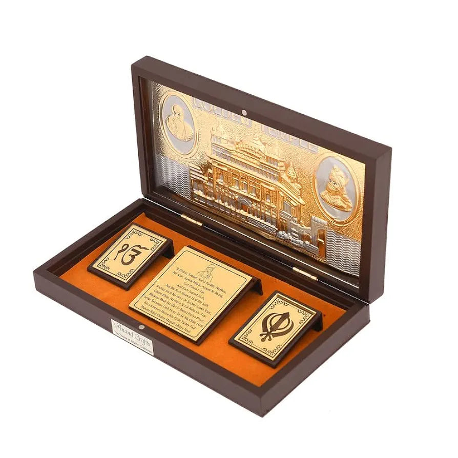 Jaipur Ace Satnam Shri Waheguru Ji Gold Plated Charan Paduka Yantra With Wooden Box