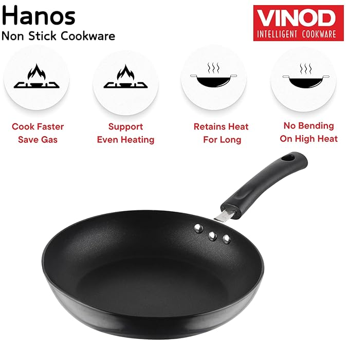 Vinod Hanos Non-Stick Fry Pan 22 cm Diameter, Hard Anodised Non-Stick Coating with 100% Virgin Bakelite Riveted Handle - Black