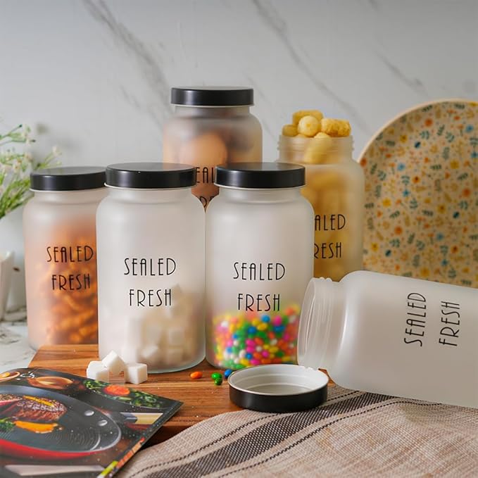 Femora Kitchen Storage Jars Frosted Glass Jar With Steel Lid Air Tight Jar | 1500 Ml | Pack of 4 | Black Lid