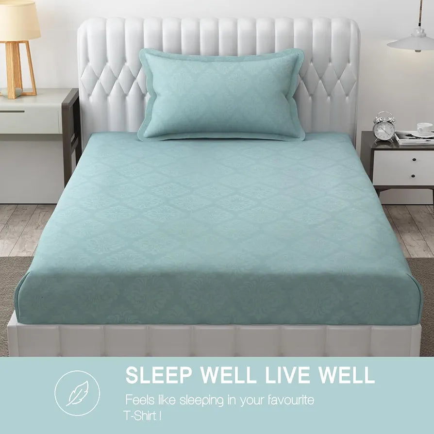 Fresh From Loom Microfiber Rotary Printed Bed Sheet Single Bedsheet with 1 Pillow Covers 144 TC Turquoise Damas