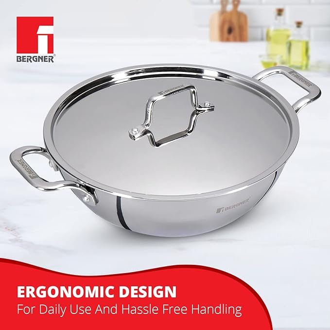 Bergner Tripro Triply Stainless Steel 24 Cm Kadai With Stainless Steel Lid | 3.1 L Kadhai