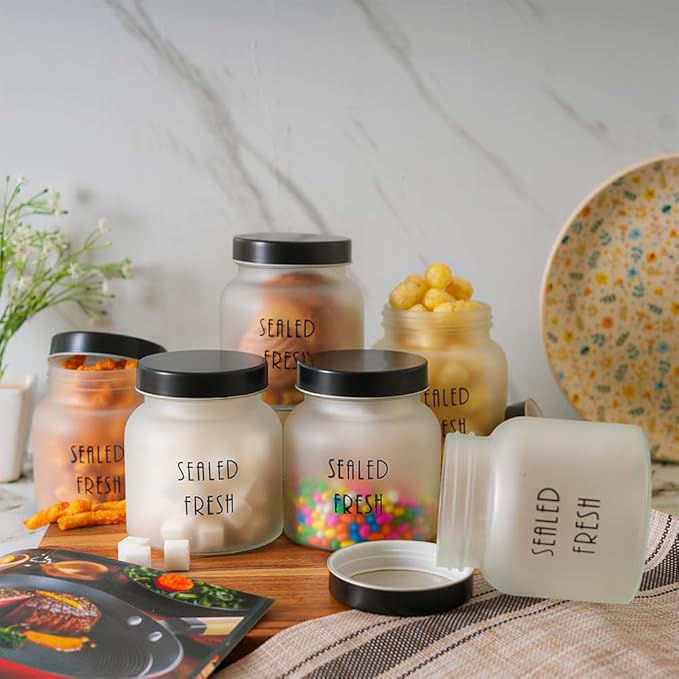 Femora Kitchen Storage Jars Frosted Glass Jar With Steel Lid Air Tight Jar| 700 Ml | Pack of 6 | Black Lid