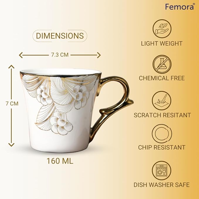 Femora Gold Wild Shroom Tea Mugs, Ceramic Tea Cups, Coffee Mugs | 160 Ml | 6 Pcs Set | Not Microwave Safe